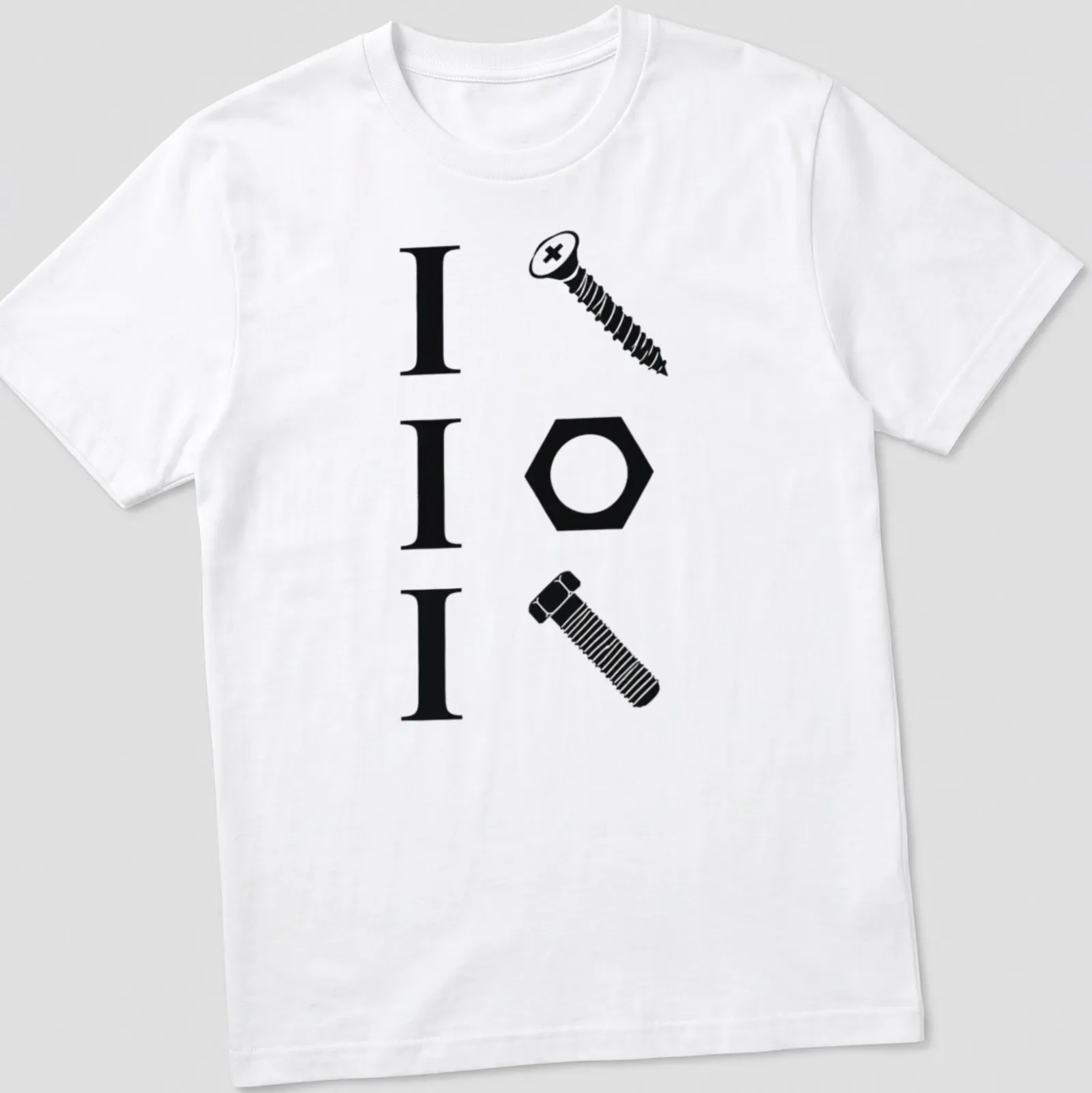 Minimalist design featuring the text 'I I I' alongside a screw, nut, and bolt. — printed on a unisex t-shirt