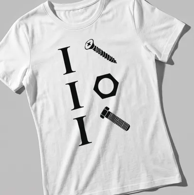 Minimalist design featuring the text 'I I I' alongside a screw, nut, and bolt. — printed on a women's shirt