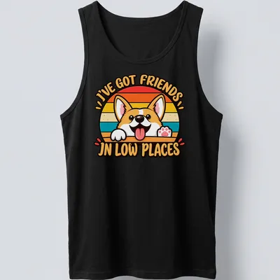 Retro design featuring a Corgi and text about friends in low places, in bright colors. — printed on a tank top