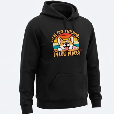 Retro design featuring a Corgi and text about friends in low places, in bright colors. — printed on a unisex hoodie
