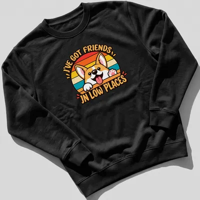 Retro design featuring a Corgi and text about friends in low places, in bright colors. — printed on a unisex sweatshirt