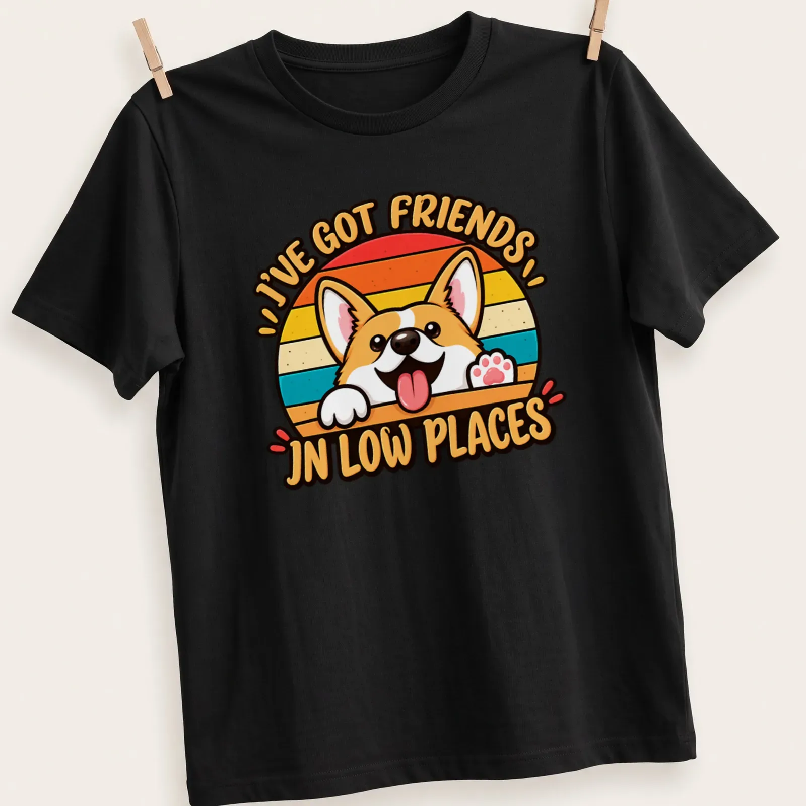 Retro design featuring a Corgi and text about friends in low places, in bright colors. — printed on a unisex t-shirt