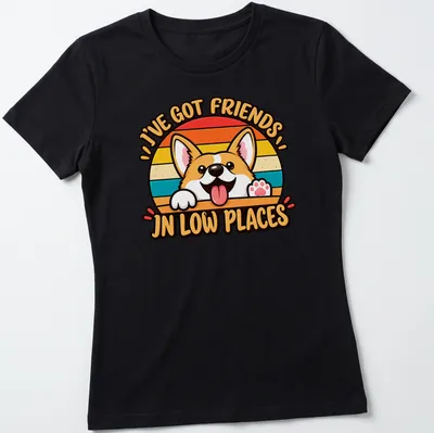 Retro design featuring a Corgi and text about friends in low places, in bright colors. — printed on a women's shirt