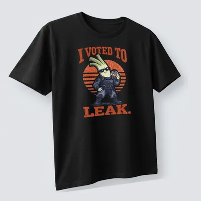 Funny tactical leek character with the phrase I Voted To Leak printed above. — printed on a unisex t-shirt (angled view)