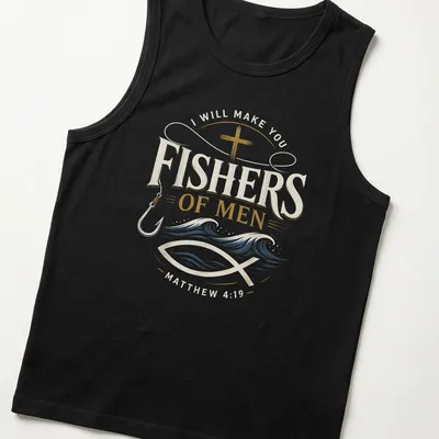 Vintage typography shirt with the text 'I WILL MAKE YOU FISHERS OF MEN MATTHEW 4:19' and a fishing hook design — printed on a tank top