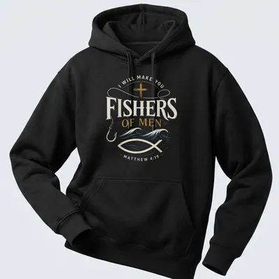 Vintage typography shirt with the text 'I WILL MAKE YOU FISHERS OF MEN MATTHEW 4:19' and a fishing hook design — printed on a unisex hoodie