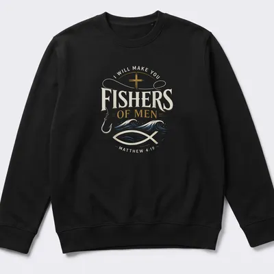 Vintage typography shirt with the text 'I WILL MAKE YOU FISHERS OF MEN MATTHEW 4:19' and a fishing hook design — printed on a unisex sweatshirt