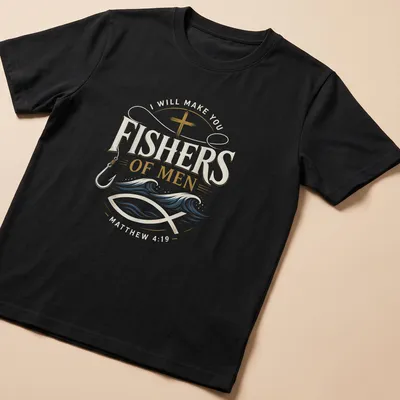 Vintage typography shirt with the text 'I WILL MAKE YOU FISHERS OF MEN MATTHEW 4:19' and a fishing hook design