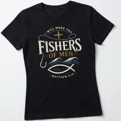 Vintage typography shirt with the text 'I WILL MAKE YOU FISHERS OF MEN MATTHEW 4:19' and a fishing hook design — printed on a women's shirt