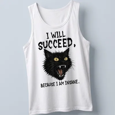 Bold typography featuring black cat and the phrase about success and insanity — printed on a tank top