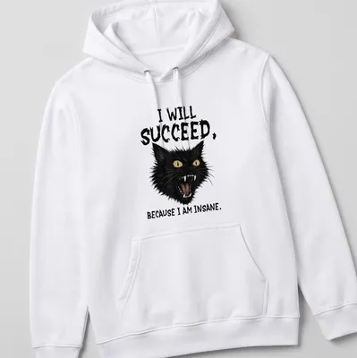 Bold typography featuring black cat and the phrase about success and insanity — printed on a unisex hoodie