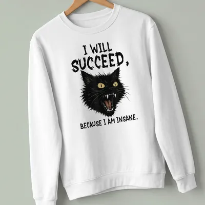 Bold typography featuring black cat and the phrase about success and insanity — printed on a unisex sweatshirt