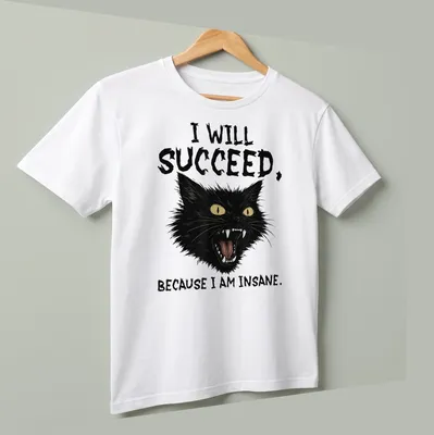 Bold typography featuring black cat and the phrase about success and insanity — printed on a unisex t-shirt (angled view)