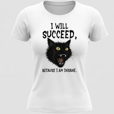 Bold typography featuring black cat and the phrase about success and insanity — printed on a women's shirt