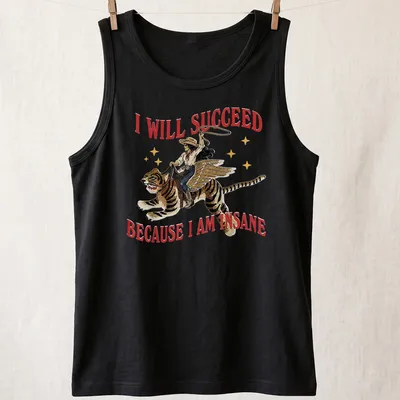 Vintage illustration of a cowgirl riding a tiger with bold text above — printed on a tank top