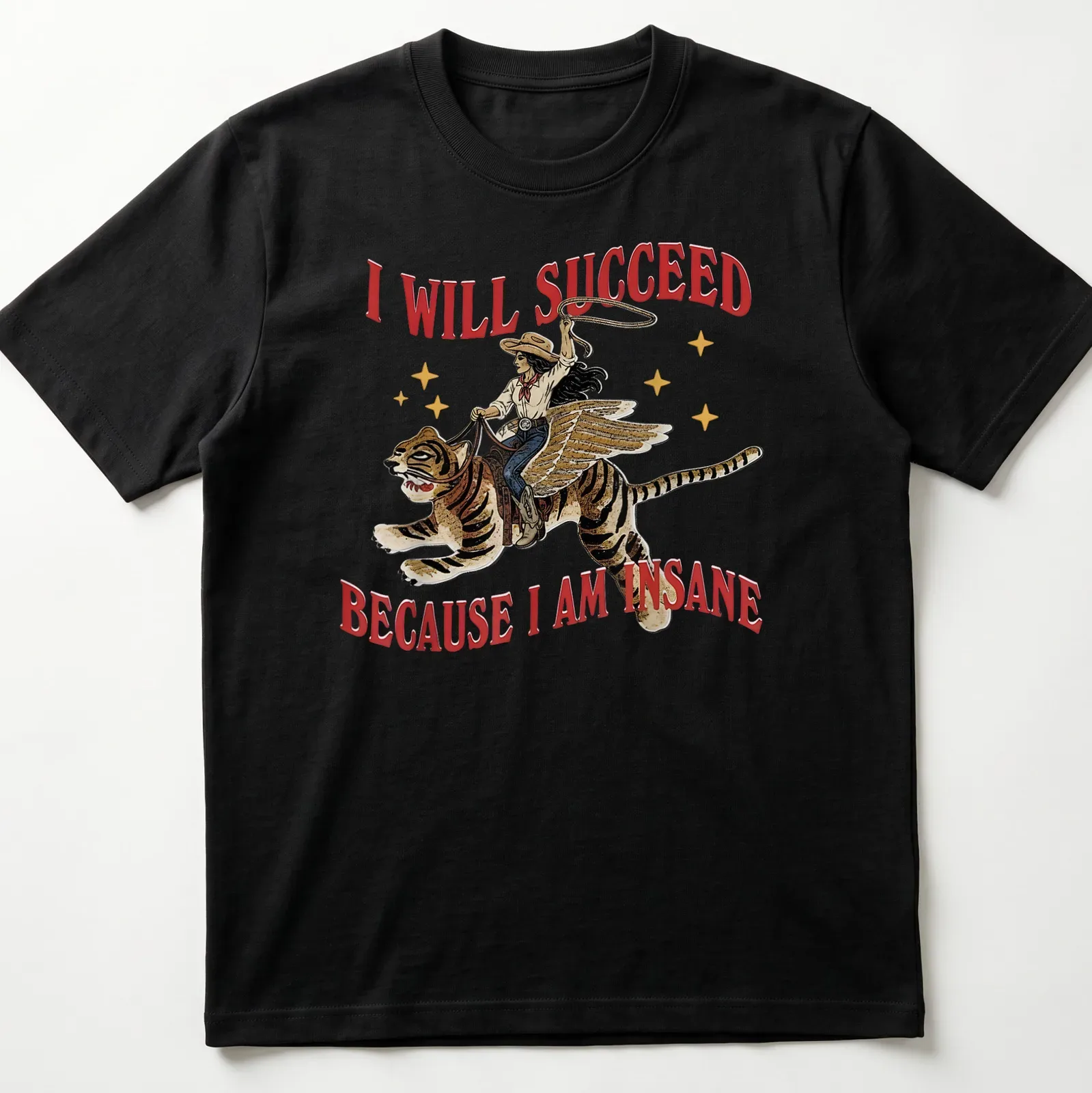 Vintage illustration of a cowgirl riding a tiger with bold text above — printed on a unisex t-shirt