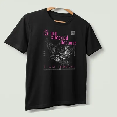 Gothic text 'I Will Succeed Because I Am Insane' with a winged warrior in pink and white. — printed on a unisex t-shirt (angled view)