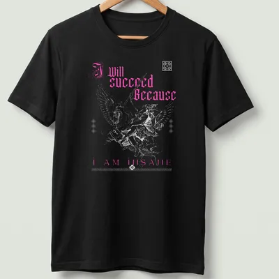 Gothic text 'I Will Succeed Because I Am Insane' with a winged warrior in pink and white.