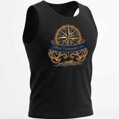 Nautical compass t-shirt featuring the quote 'I Wipe Therefore I Am' in ornate lettering. — printed on a tank top