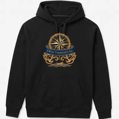 Nautical compass t-shirt featuring the quote 'I Wipe Therefore I Am' in ornate lettering. — printed on a unisex hoodie