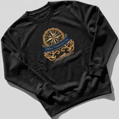 Nautical compass t-shirt featuring the quote 'I Wipe Therefore I Am' in ornate lettering. — printed on a unisex sweatshirt