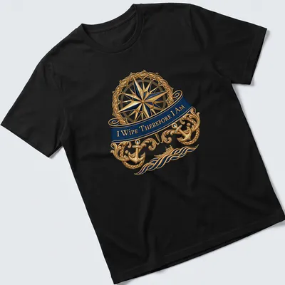 Nautical compass t-shirt featuring the quote 'I Wipe Therefore I Am' in ornate lettering.