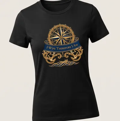 Nautical compass t-shirt featuring the quote 'I Wipe Therefore I Am' in ornate lettering. — printed on a women's shirt