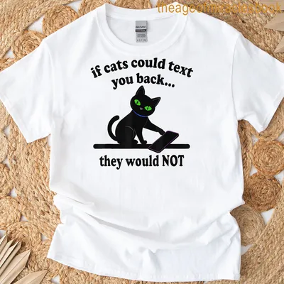 Cartoon black cat design with colorful text about texting cats.