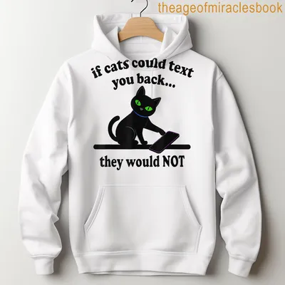 Cartoon black cat design with colorful text about texting cats. — printed on a unisex hoodie