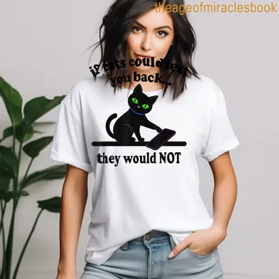 Cartoon black cat design with colorful text about texting cats. — printed on a women's t-shirt