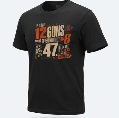 Vintage distressed shirt with humorous text about guns and government