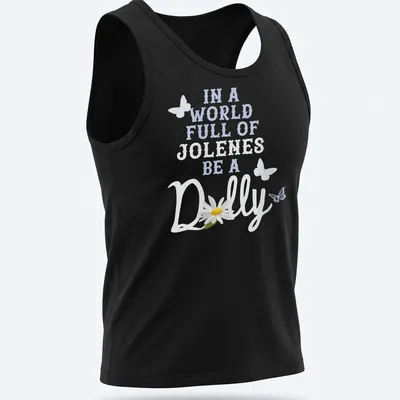 Whimsical daisy illustration with the phrase about Jolene and Dolly on light blue — printed on a tank top