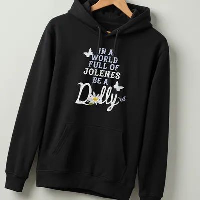 Whimsical daisy illustration with the phrase about Jolene and Dolly on light blue — printed on a unisex hoodie