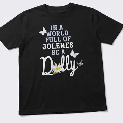 Whimsical daisy illustration with the phrase about Jolene and Dolly on light blue