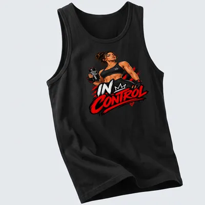 Bold graphic of a strong woman with motivational text about discipline and freedom — printed on a tank top