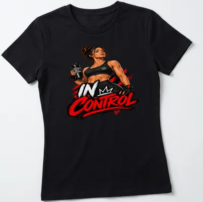 Bold graphic of a strong woman with motivational text about discipline and freedom — printed on a women's shirt