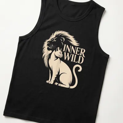Minimalist design featuring cat and lion silhouettes with the text INNER WILD — printed on a tank top