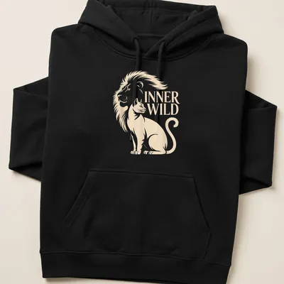 Minimalist design featuring cat and lion silhouettes with the text INNER WILD — printed on a unisex hoodie