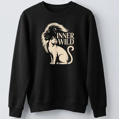 Minimalist design featuring cat and lion silhouettes with the text INNER WILD — printed on a unisex sweatshirt