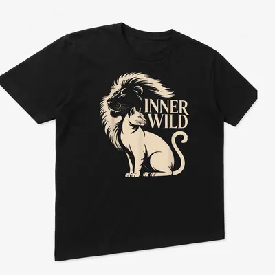 Minimalist design featuring cat and lion silhouettes with the text INNER WILD — printed on a unisex t-shirt (angled view)