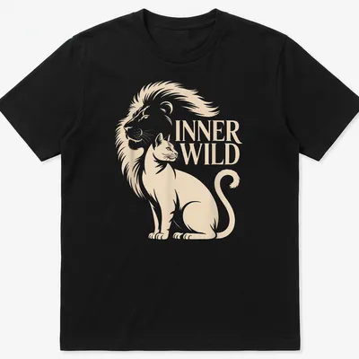 Minimalist design featuring cat and lion silhouettes with the text INNER WILD