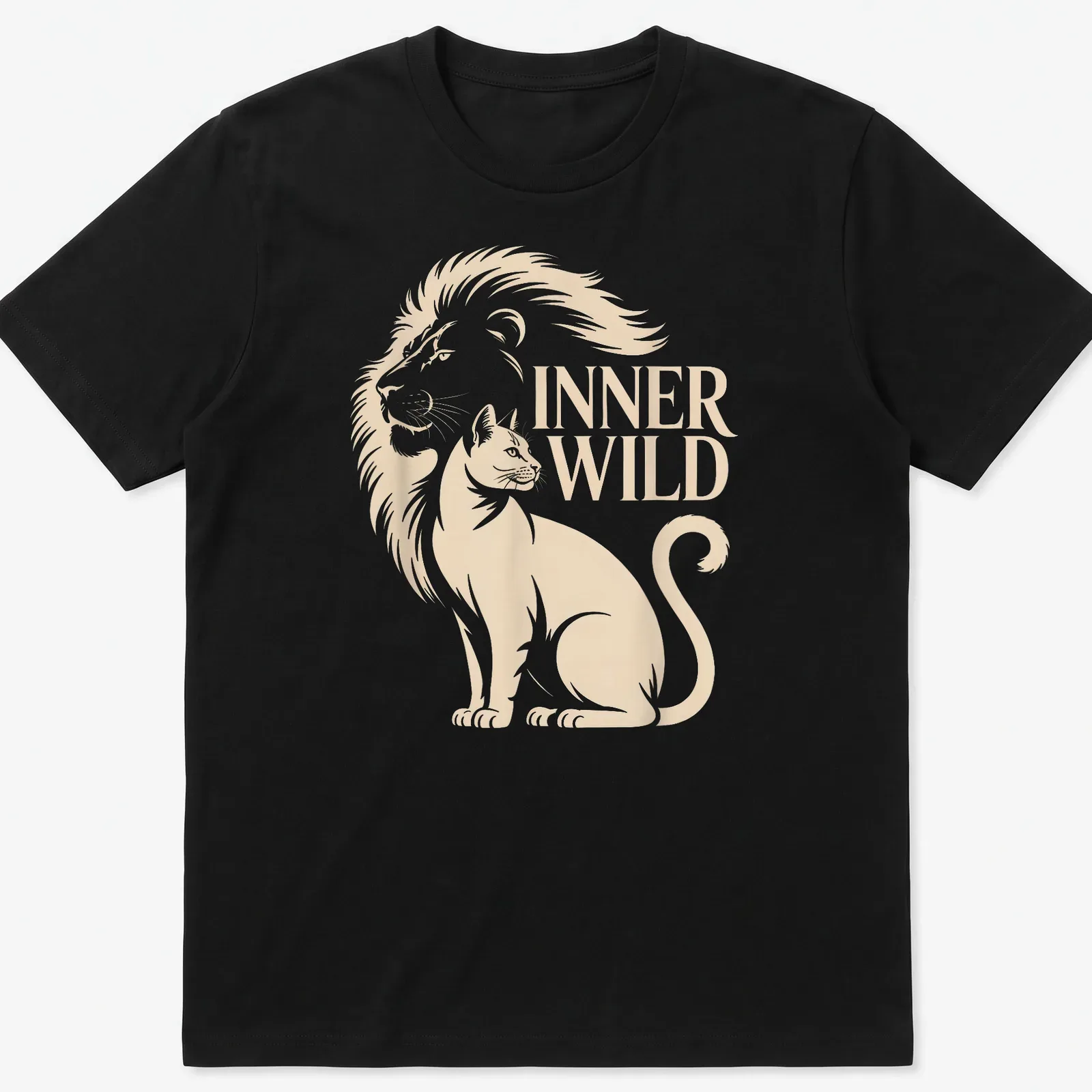 Minimalist design featuring cat and lion silhouettes with the text INNER WILD — printed on a unisex t-shirt