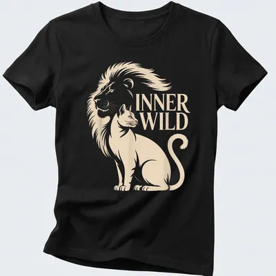Minimalist design featuring cat and lion silhouettes with the text INNER WILD — printed on a women's shirt