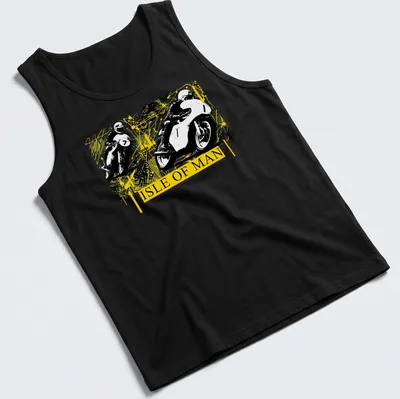 Abstract yellow splatter design with motorcycle racing theme on — printed on a tank top