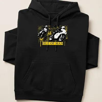 Abstract yellow splatter design with motorcycle racing theme on — printed on a unisex hoodie