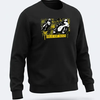 Abstract yellow splatter design with motorcycle racing theme on — printed on a unisex sweatshirt