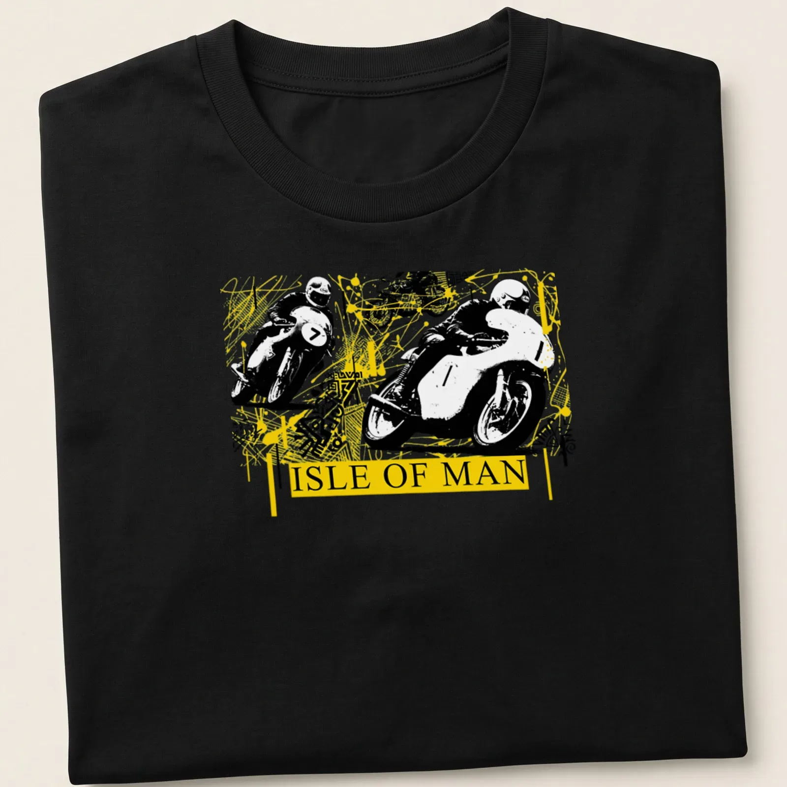 Abstract yellow splatter design with motorcycle racing theme on — printed on a unisex t-shirt
