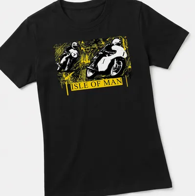 Abstract yellow splatter design with motorcycle racing theme on — printed on a women's shirt