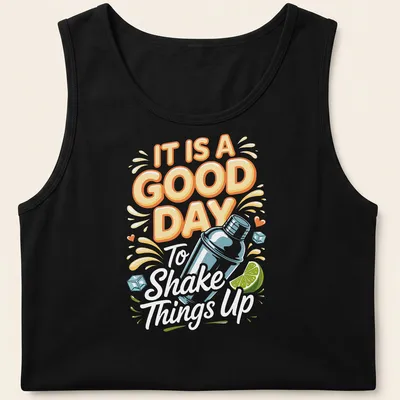 Colorful cocktail shaker design with playful text on a — printed on a tank top