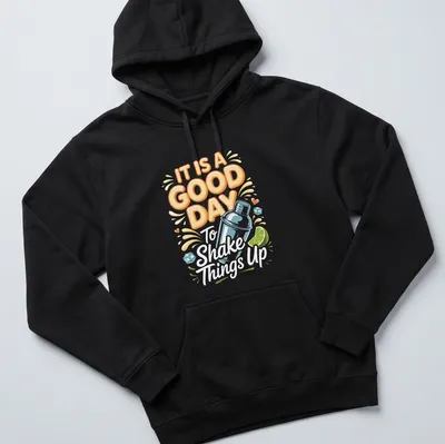 Colorful cocktail shaker design with playful text on a — printed on a unisex hoodie